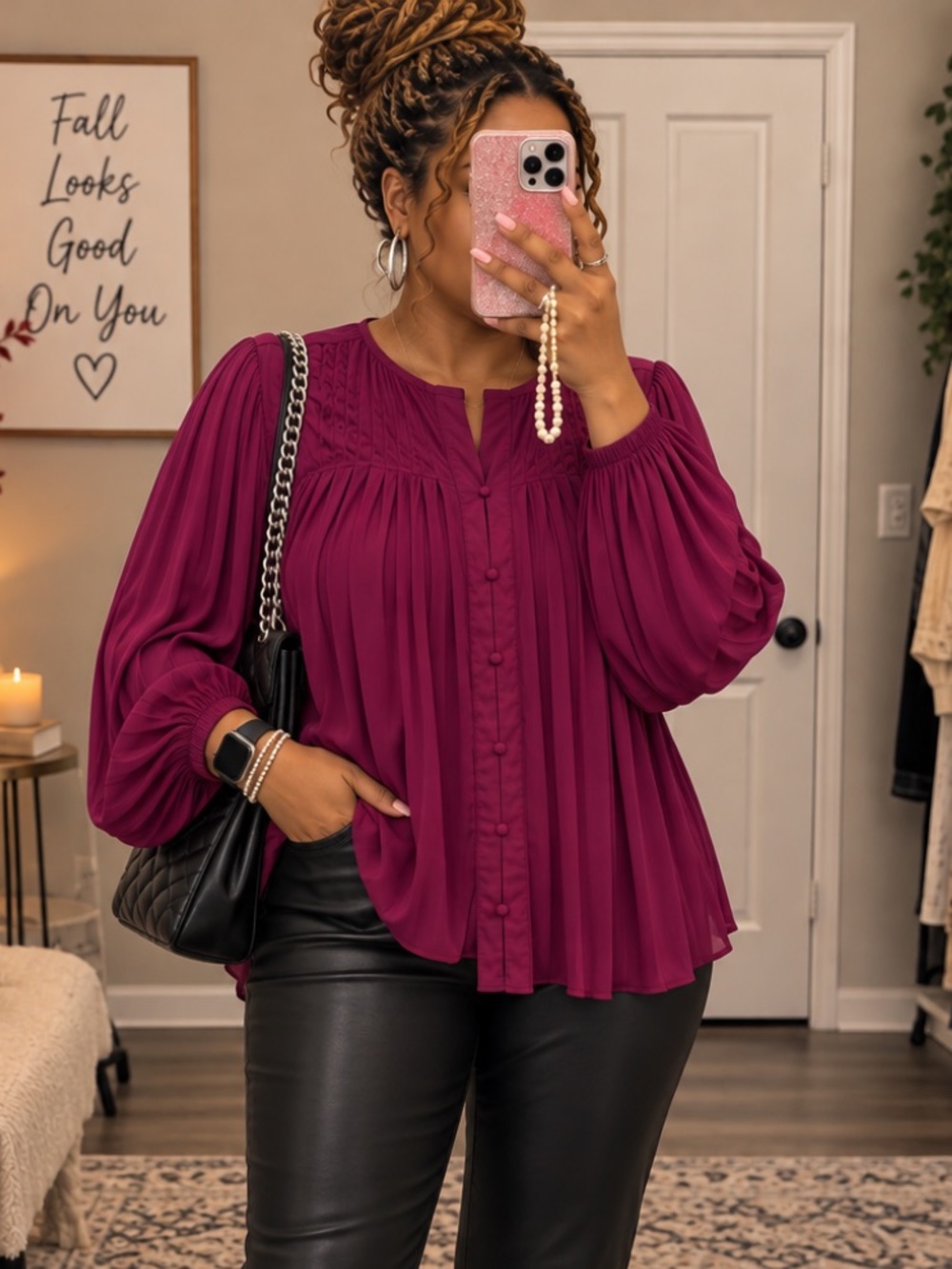 Cute Fall Top Deep Berry Pleated Button-Front Blouse